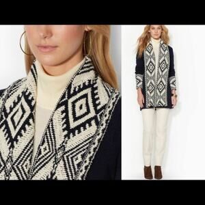 Lauren Ralph Lauren Topper Womens Petite Medium Blue White Open Aztec Cardigan